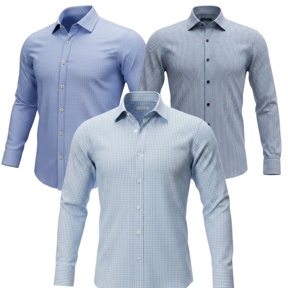 TWILLORY Dress Shirts Mens Large Blue Gingham Micro Check Button LOT OF‎ 3